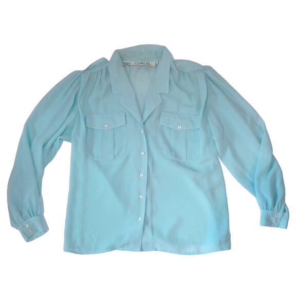 90s Y2K Semi Sheer Turquoise Blouse w Epaulettes CHAUS | S - Picture 5 of 8
